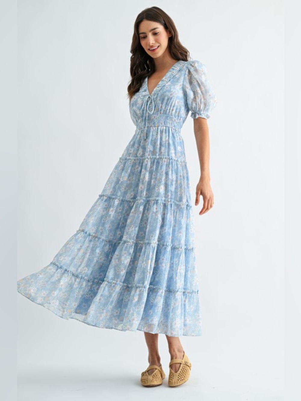 Camellia Light Blue Floral Tiered Maxi Dress